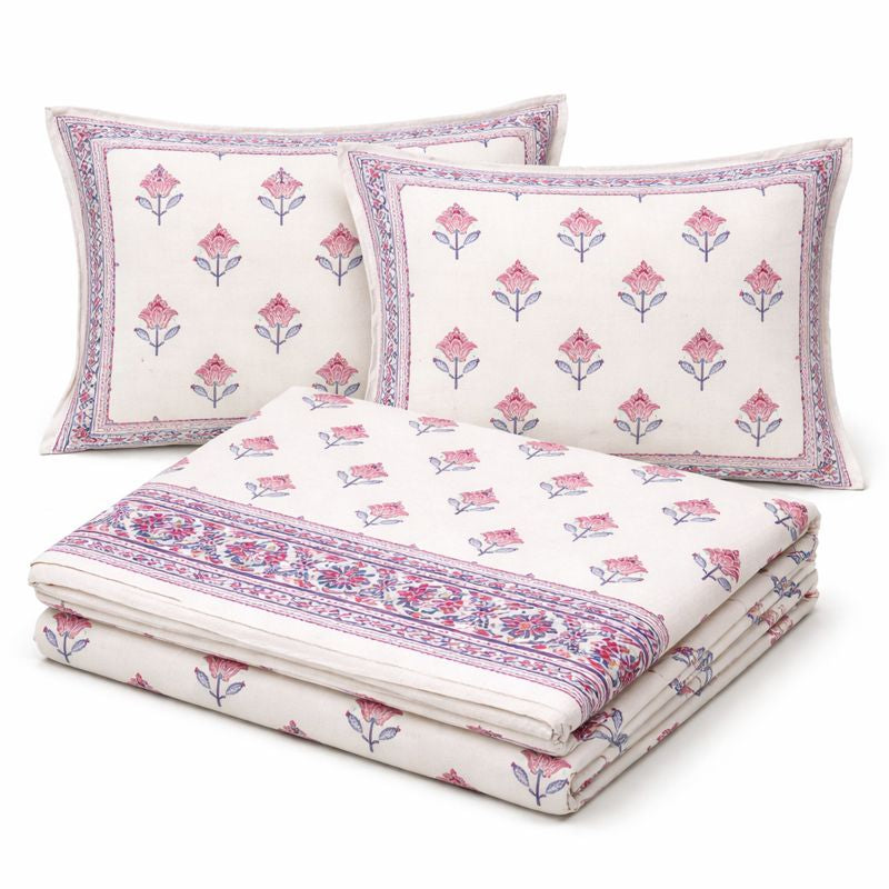 Aashray Decor King Size Pure Cotton Bedsheet with Zipper Pillow Covers – Traditional Jaipuri Floral Print, Soft & Breathable Cotton (Bedsheet 100x108 cm, Pillow Covers 46x70 cm) JP01