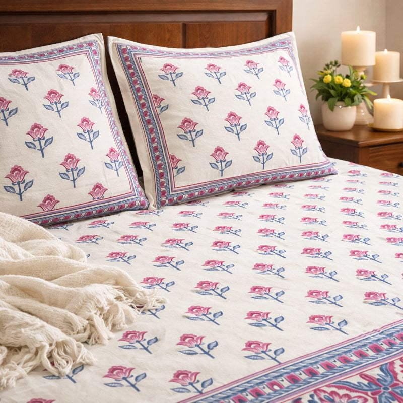 Aashray Decor King Size Pure Cotton Bedsheet with Zipper Pillow Covers – Traditional Jaipuri Floral Print, Soft & Breathable Cotton (Bedsheet 100x108 cm, Pillow Covers 46x70 cm) JP01