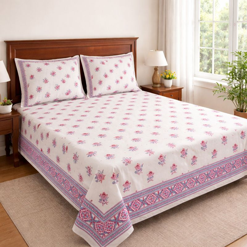 Aashray Decor King Size Pure Cotton Bedsheet with Zipper Pillow Covers – Traditional Jaipuri Floral Print, Soft & Breathable Cotton (Bedsheet 100x108 cm, Pillow Covers 46x70 cm) JP01