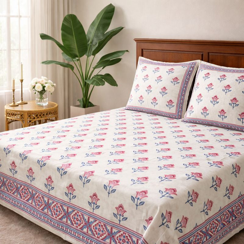 Aashray Decor King Size Pure Cotton Bedsheet with Zipper Pillow Covers – Traditional Jaipuri Floral Print, Soft & Breathable Cotton (Bedsheet 100x108 cm, Pillow Covers 46x70 cm) JP01