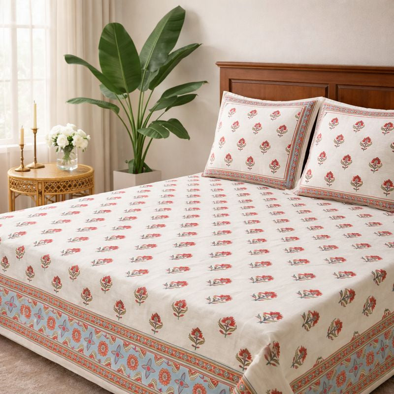 Aashray Decor King Size Pure Cotton Bedsheet Set – Floral Jaipuri Print with Zipper Pillow Covers | JP02