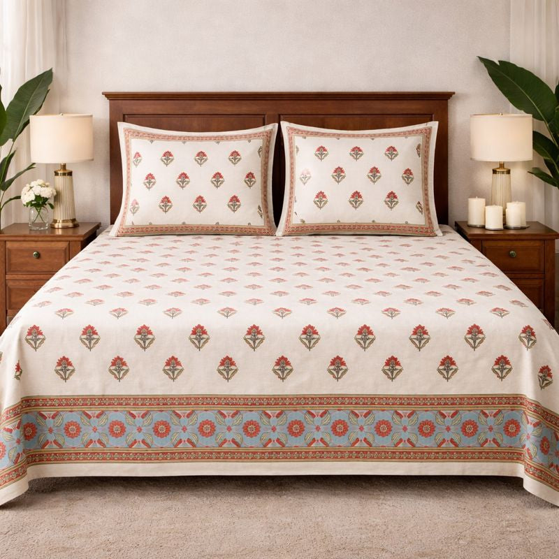 Aashray Decor King Size Pure Cotton Bedsheet Set – Floral Jaipuri Print with Zipper Pillow Covers | JP02