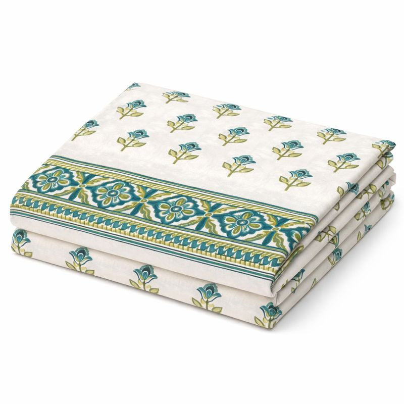 Aashray Decor King Size Pure Cotton Bedsheet Set – Green & Blue Jaipuri Floral Print with Zipper Pillow Covers | JP03