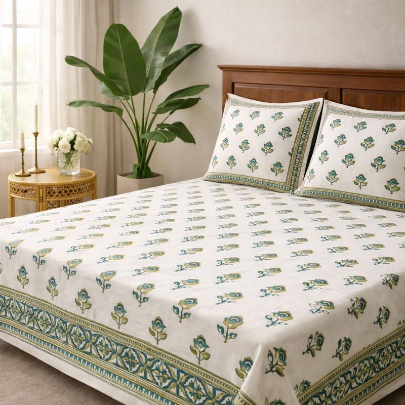 Aashray Decor King Size Pure Cotton Bedsheet Set – Green & Blue Jaipuri Floral Print with Zipper Pillow Covers | JP03