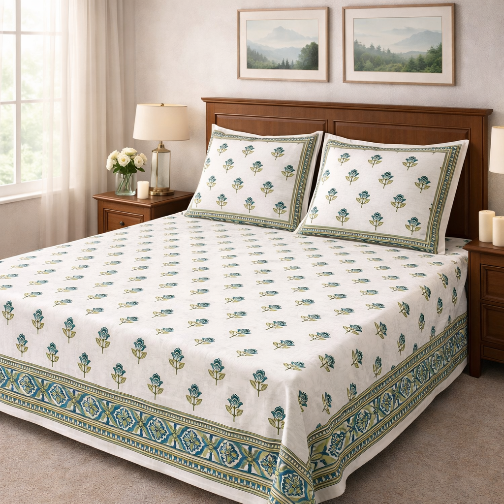 Aashray Decor King Size Pure Cotton Bedsheet Set – Green & Blue Jaipuri Floral Print with Zipper Pillow Covers | JP03