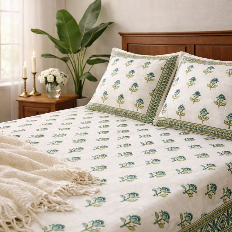 Aashray Decor King Size Pure Cotton Bedsheet Set – Green & Blue Jaipuri Floral Print with Zipper Pillow Covers | JP03