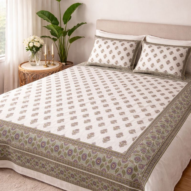 Aashray Decor King Size Pure Cotton Bedsheet Set – Elegant Beige & Lavender Jaipuri Print with Zipper Pillow Covers | JP04