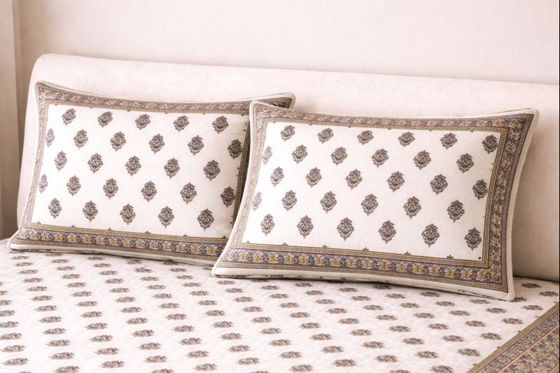 Aashray Decor King Size Pure Cotton Bedsheet Set – Elegant Beige & Lavender Jaipuri Print with Zipper Pillow Covers | JP04