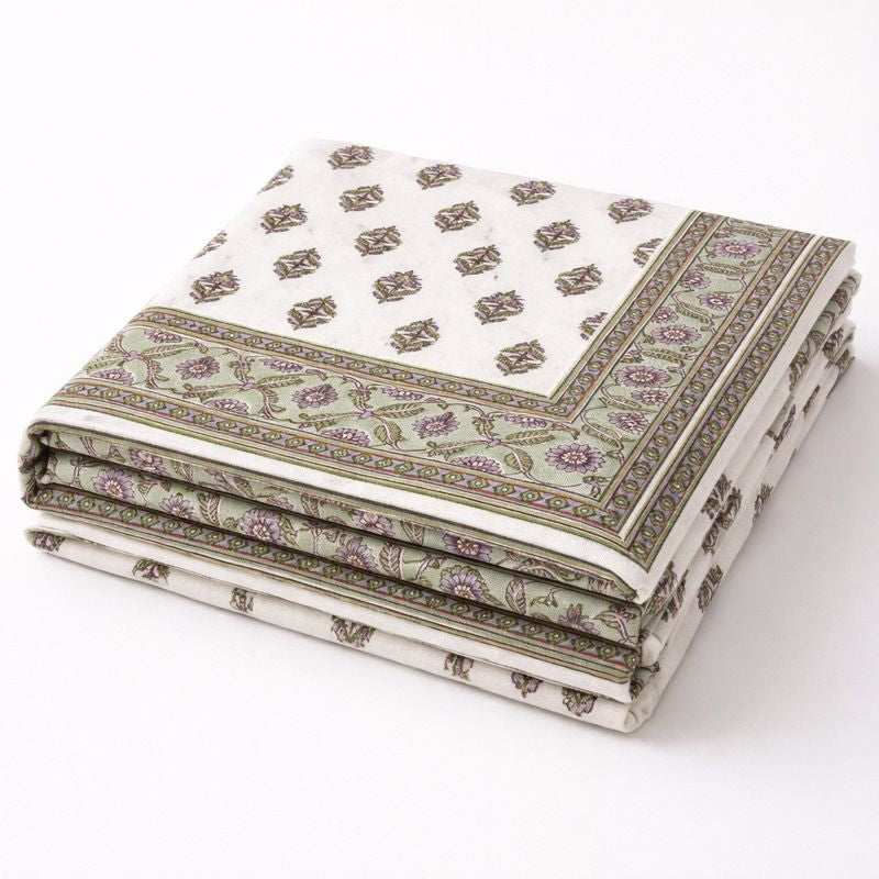 Aashray Decor King Size Pure Cotton Bedsheet Set – Elegant Beige & Lavender Jaipuri Print with Zipper Pillow Covers | JP04