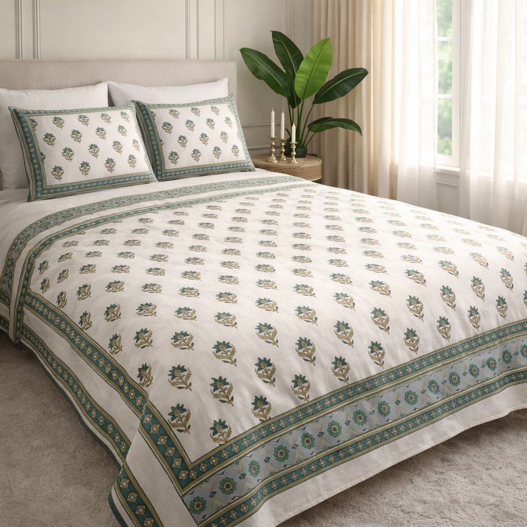 Aashray Decor King Size Pure Cotton Bedsheet Set – Teal Green Jaipuri Floral Print with Zipper Pillow Covers | JP05