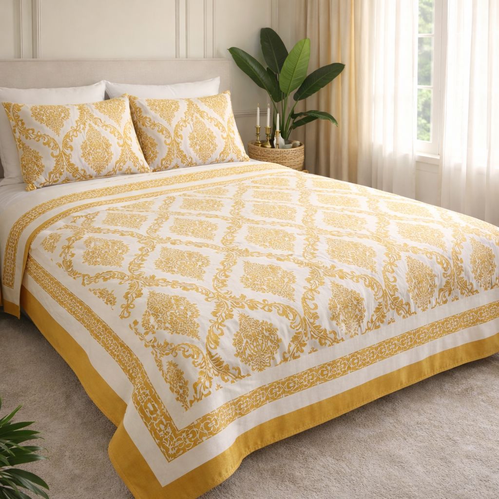 Aashray Decor JP06 – King Size Pure Cotton Bedsheet Set – Mustard Yellow Jaipuri Print with Zipper Pillow Covers