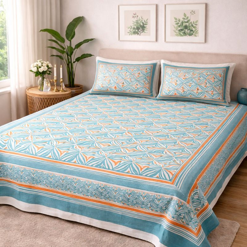 Aashray Decor JP07 – King Size Pure Cotton Bedsheet Set – Aqua Blue Jaipuri Print with Zipper Pillow Covers