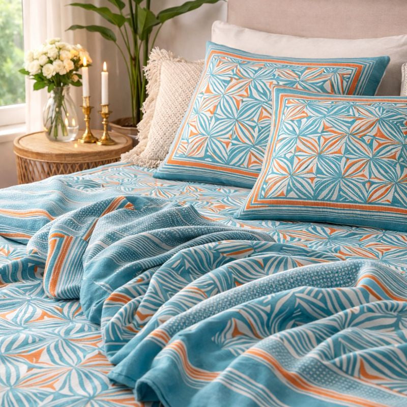 Aashray Decor JP07 – King Size Pure Cotton Bedsheet Set – Aqua Blue Jaipuri Print with Zipper Pillow Covers
