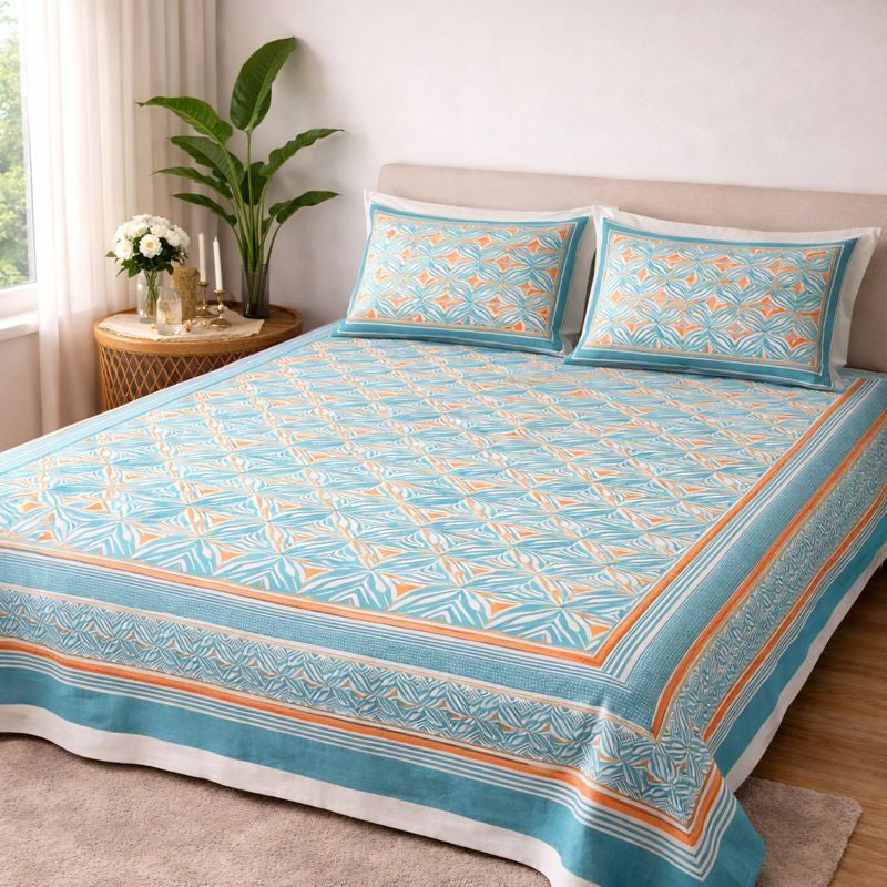 Aashray Decor JP07 – King Size Pure Cotton Bedsheet Set – Aqua Blue Jaipuri Print with Zipper Pillow Covers