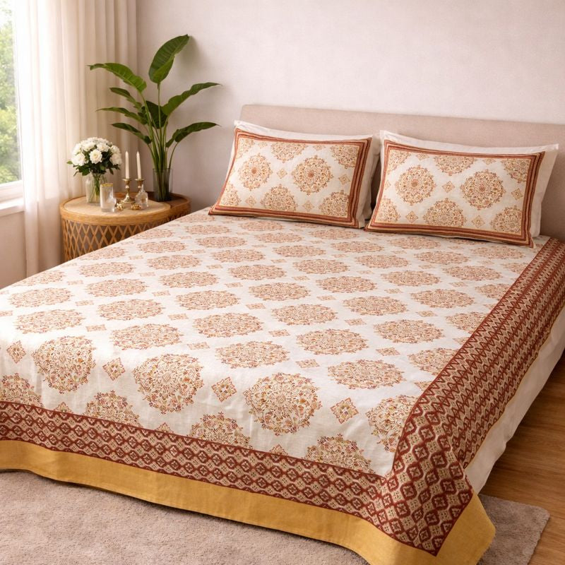 Aashray Decor JP08 – King Size Pure Cotton Bedsheet Set – Rust Brown Jaipuri Mandala Print with Zipper Pillow Covers
