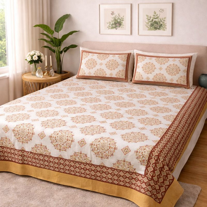 Aashray Decor JP08 – King Size Pure Cotton Bedsheet Set – Rust Brown Jaipuri Mandala Print with Zipper Pillow Covers