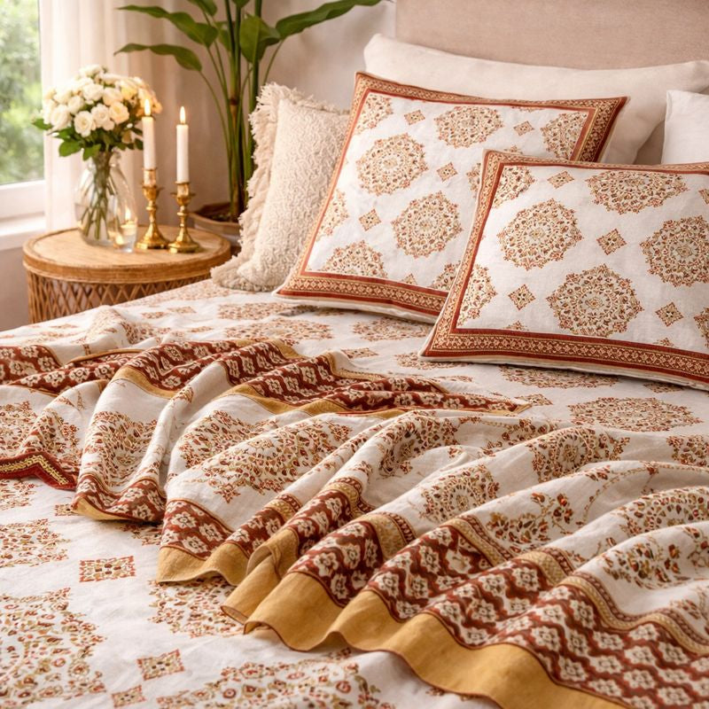 Aashray Decor JP08 – King Size Pure Cotton Bedsheet Set – Rust Brown Jaipuri Mandala Print with Zipper Pillow Covers