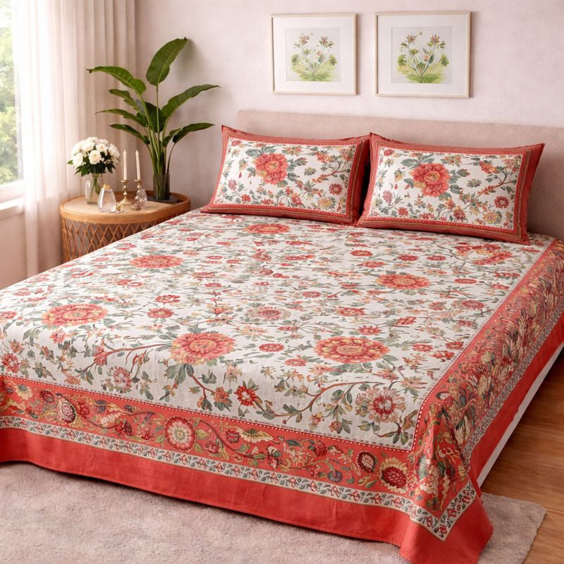 Aashray Decor JP09 – King Size Pure Cotton Bedsheet Set – Red Floral Jaipuri Print with Zipper Pillow Covers