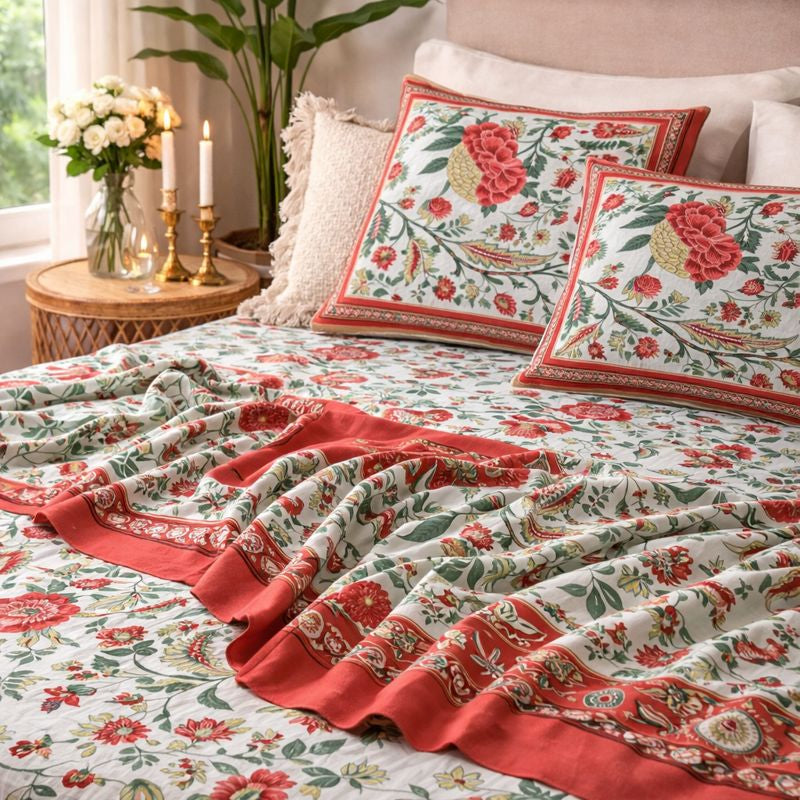 Aashray Decor JP09 – King Size Pure Cotton Bedsheet Set – Red Floral Jaipuri Print with Zipper Pillow Covers