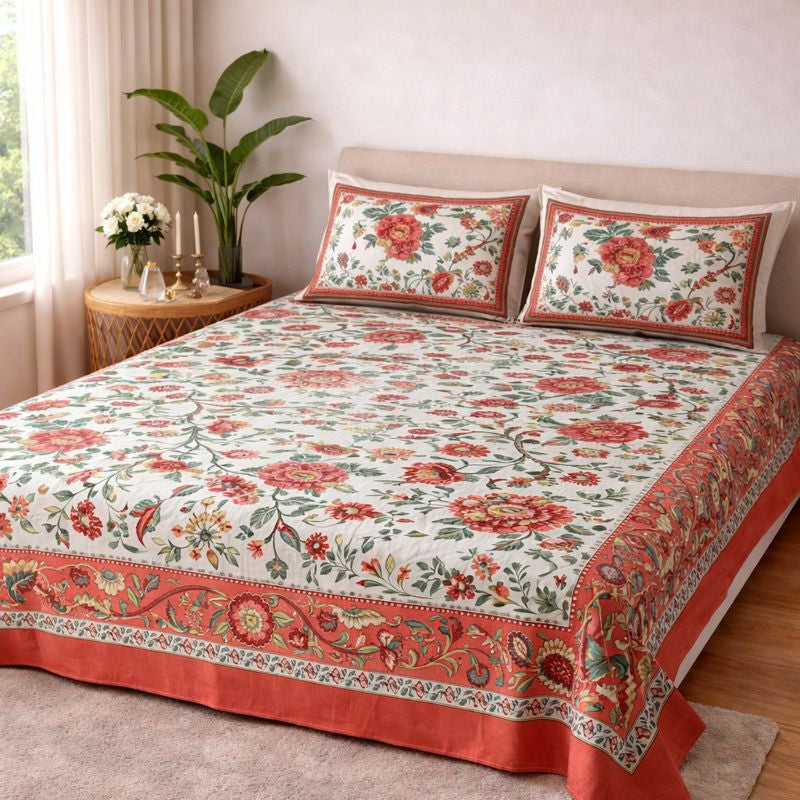 Aashray Decor JP09 – King Size Pure Cotton Bedsheet Set – Red Floral Jaipuri Print with Zipper Pillow Covers