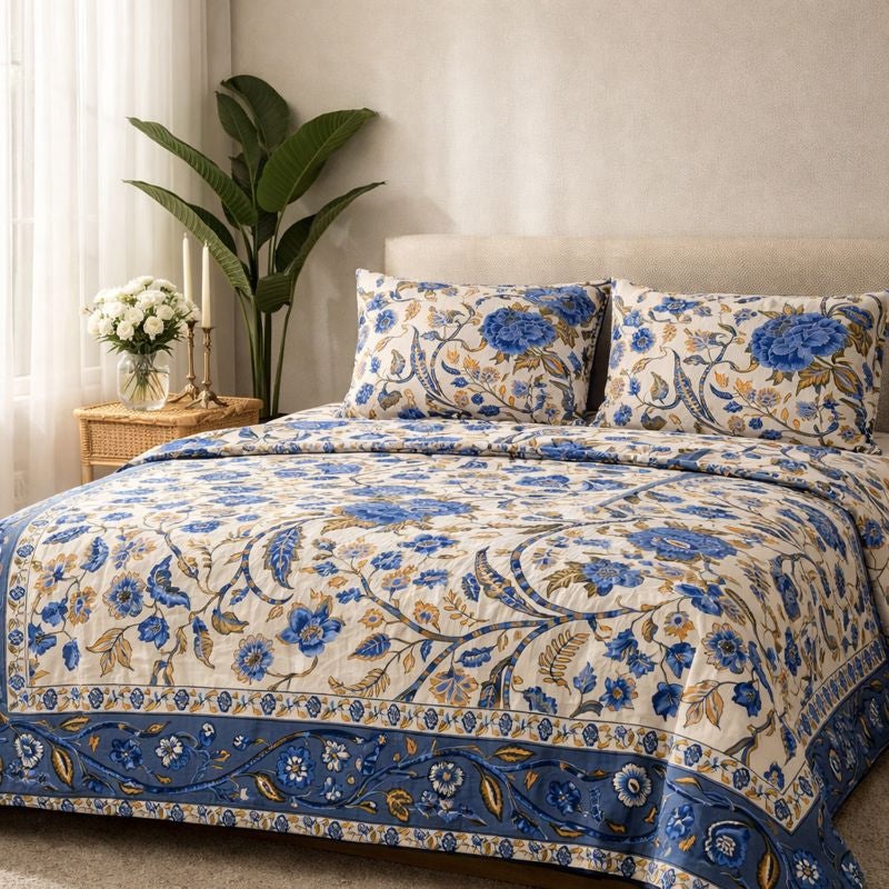 Aashray Decor JP10 – King Size Pure Cotton Bedsheet Set – Royal Blue Floral Jaipuri Print with Zipper Pillow Covers