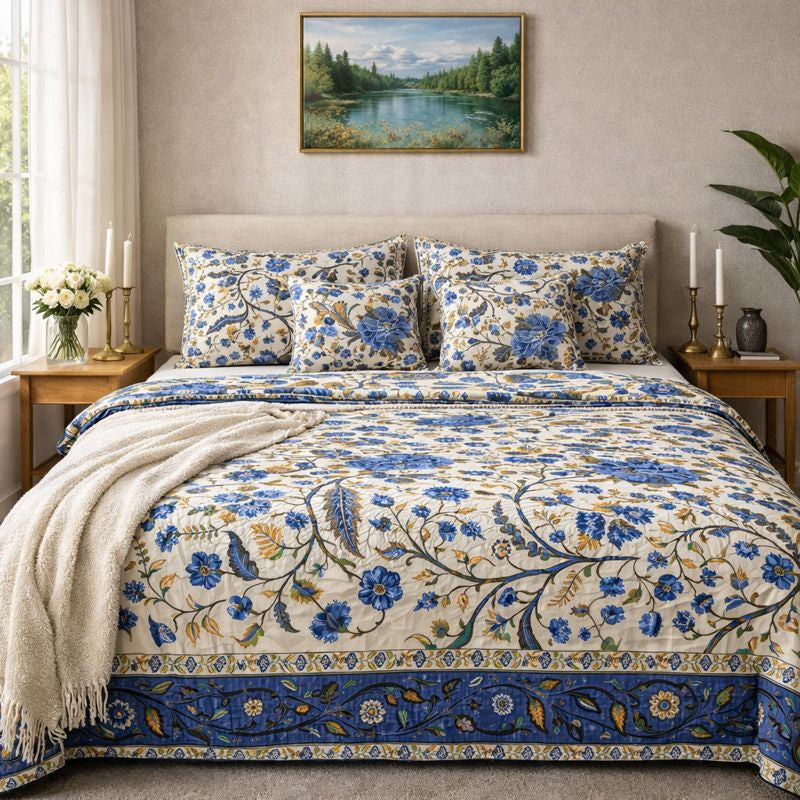 Aashray Decor JP10 – King Size Pure Cotton Bedsheet Set – Royal Blue Floral Jaipuri Print with Zipper Pillow Covers