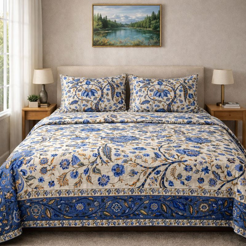 Aashray Decor JP10 – King Size Pure Cotton Bedsheet Set – Royal Blue Floral Jaipuri Print with Zipper Pillow Covers