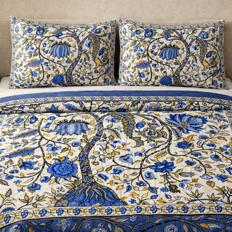 Aashray Decor JP10 – King Size Pure Cotton Bedsheet Set – Royal Blue Floral Jaipuri Print with Zipper Pillow Covers