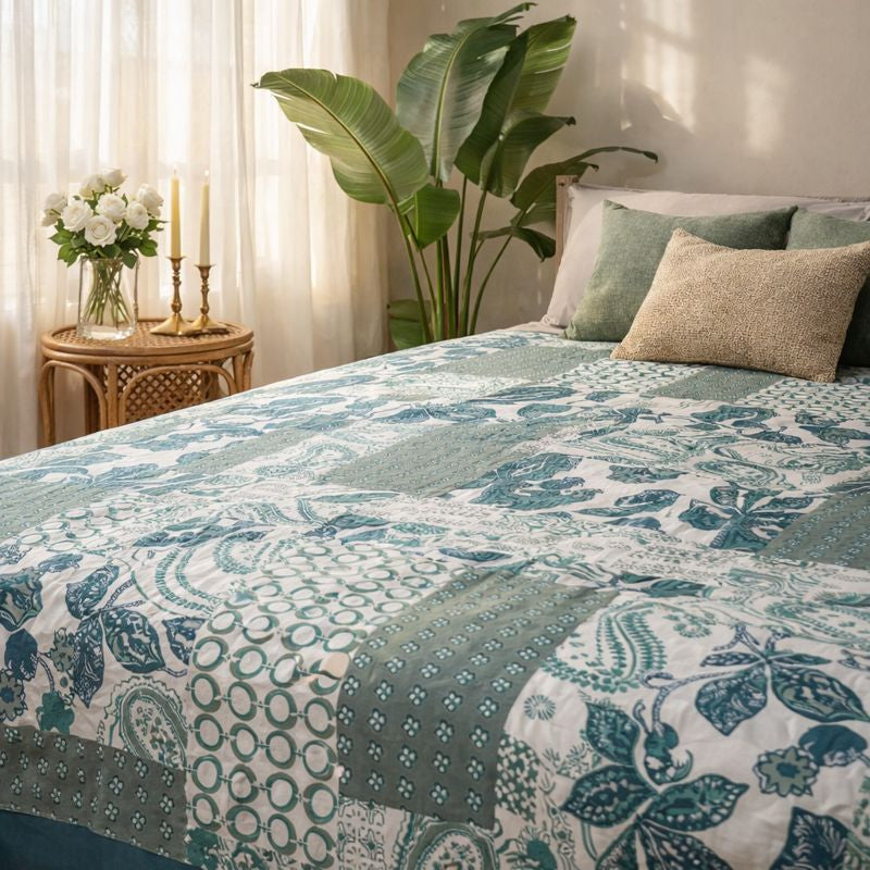 Aashray Decor JP12 – King Size Pure Cotton Bedsheet Set – Teal Patchwork Jaipuri Print with Zipper Pillow Covers
