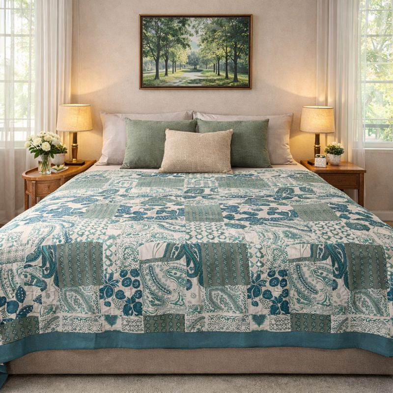 Aashray Decor JP12 – King Size Pure Cotton Bedsheet Set – Teal Patchwork Jaipuri Print with Zipper Pillow Covers