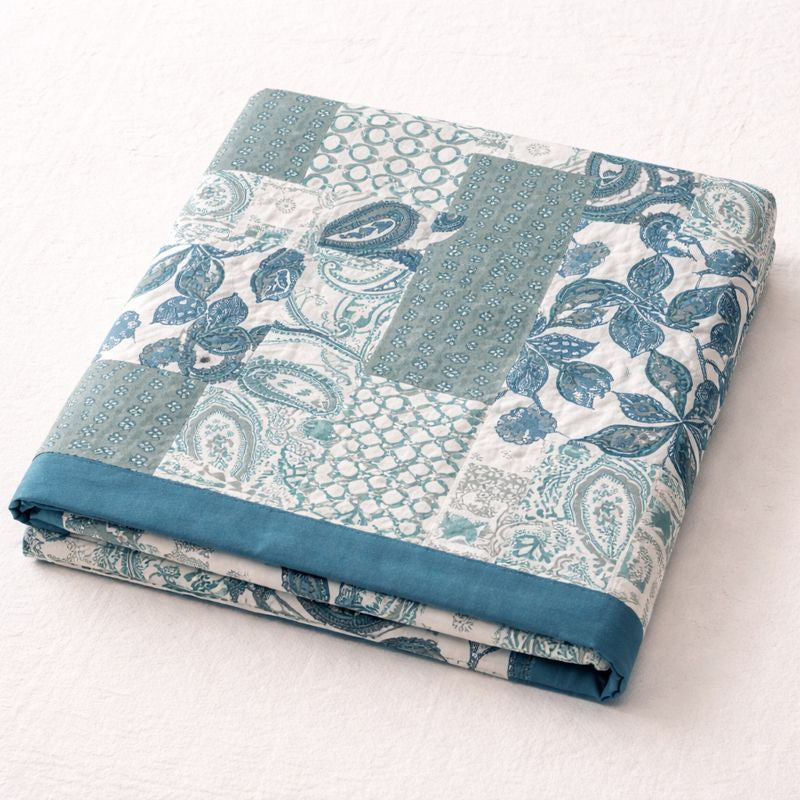 Aashray Decor JP12 – King Size Pure Cotton Bedsheet Set – Teal Patchwork Jaipuri Print with Zipper Pillow Covers
