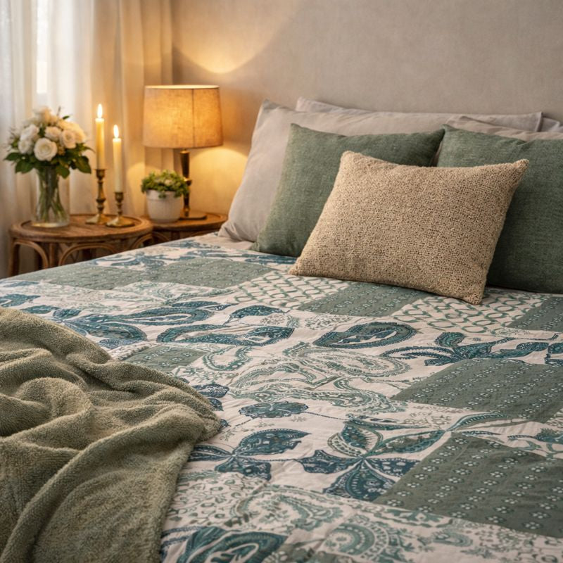 Aashray Decor JP12 – King Size Pure Cotton Bedsheet Set – Teal Patchwork Jaipuri Print with Zipper Pillow Covers