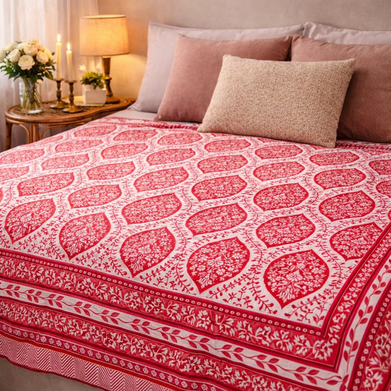 Aashray Decor JP13 – King Size Pure Cotton Bedsheet Set – Red Jaipuri Block Print with Zipper Pillow Covers