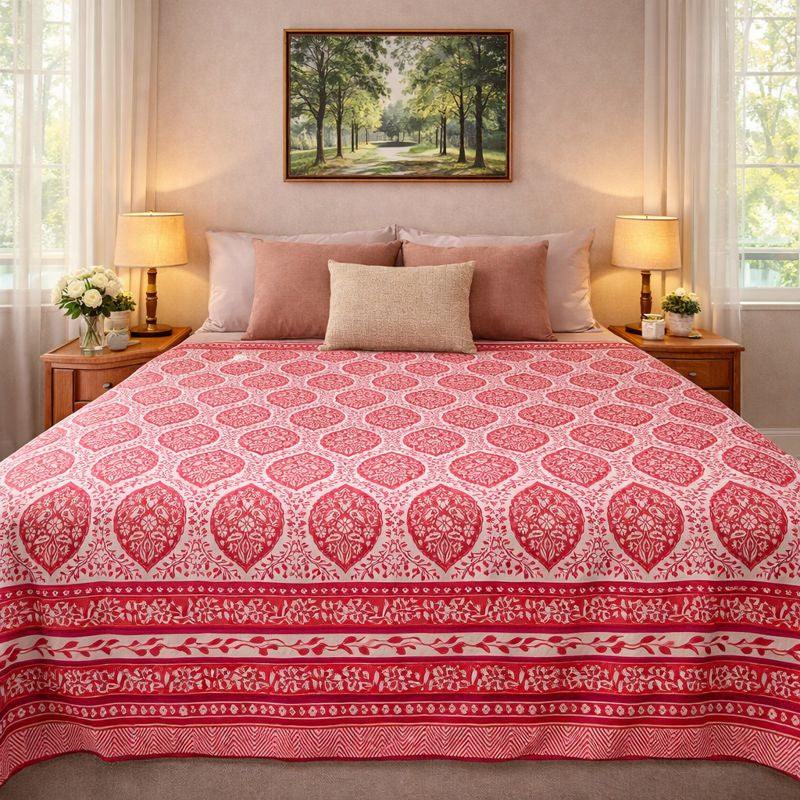 Aashray Decor JP13 – King Size Pure Cotton Bedsheet Set – Red Jaipuri Block Print with Zipper Pillow Covers