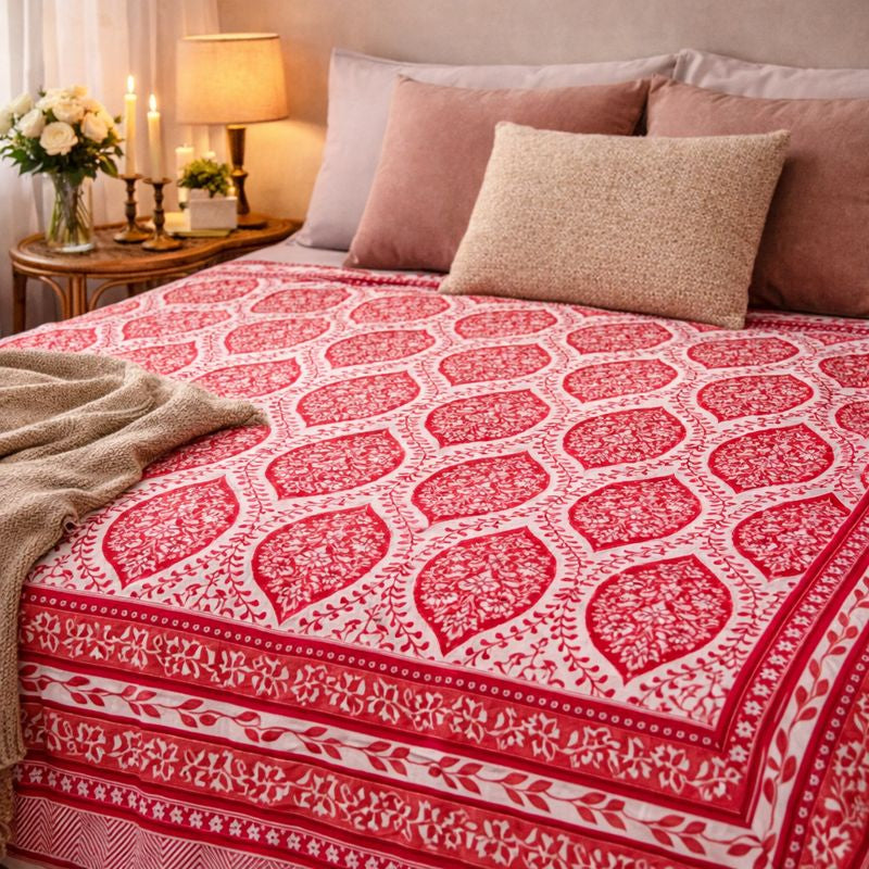 Aashray Decor JP13 – King Size Pure Cotton Bedsheet Set – Red Jaipuri Block Print with Zipper Pillow Covers