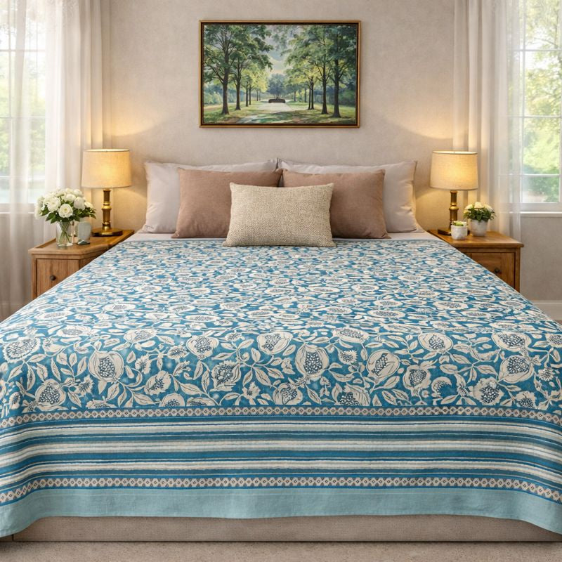 Aashray Decor JP14 – King Size Pure Cotton Bedsheet Set – Teal Blue Pomegranate Jaipuri Print with Zipper Pillow Covers