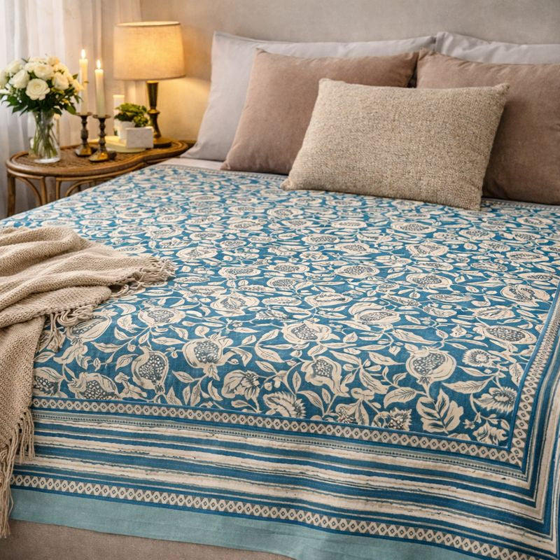 Aashray Decor JP14 – King Size Pure Cotton Bedsheet Set – Teal Blue Pomegranate Jaipuri Print with Zipper Pillow Covers