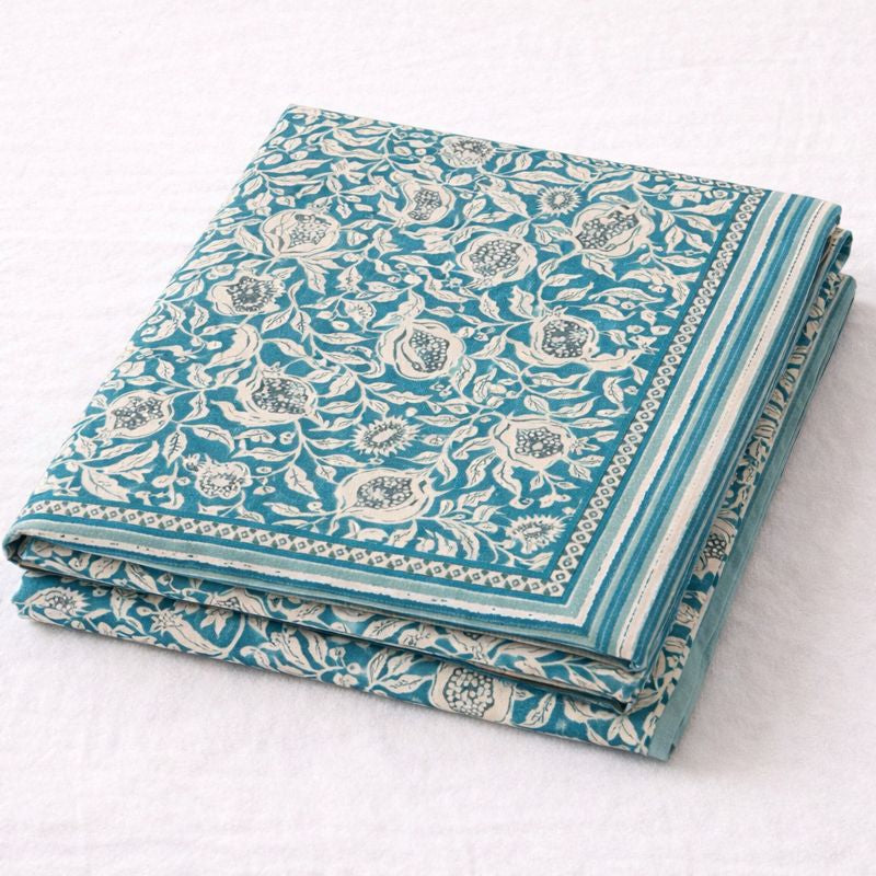 Aashray Decor JP14 – King Size Pure Cotton Bedsheet Set – Teal Blue Pomegranate Jaipuri Print with Zipper Pillow Covers