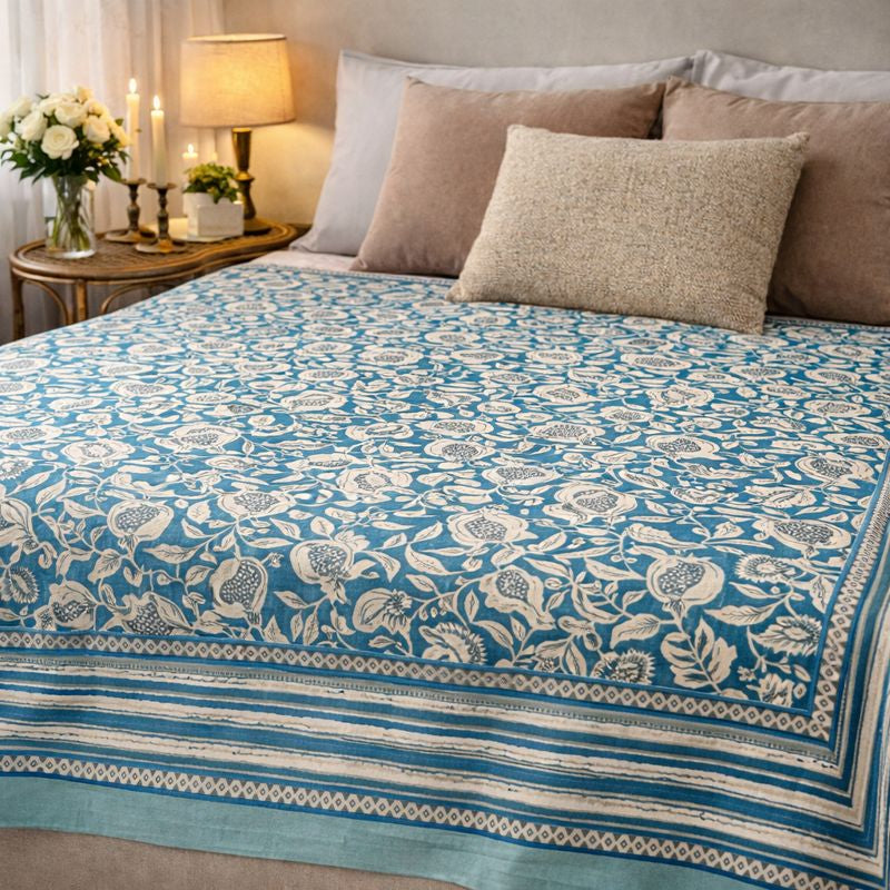 Aashray Decor JP14 – King Size Pure Cotton Bedsheet Set – Teal Blue Pomegranate Jaipuri Print with Zipper Pillow Covers