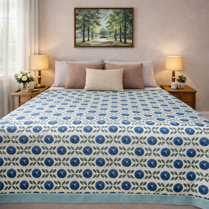 Aashray Decor JP15 – King Size Pure Cotton Bedsheet Set – Blue Floral Jaipuri Print with Zipper Pillow Covers