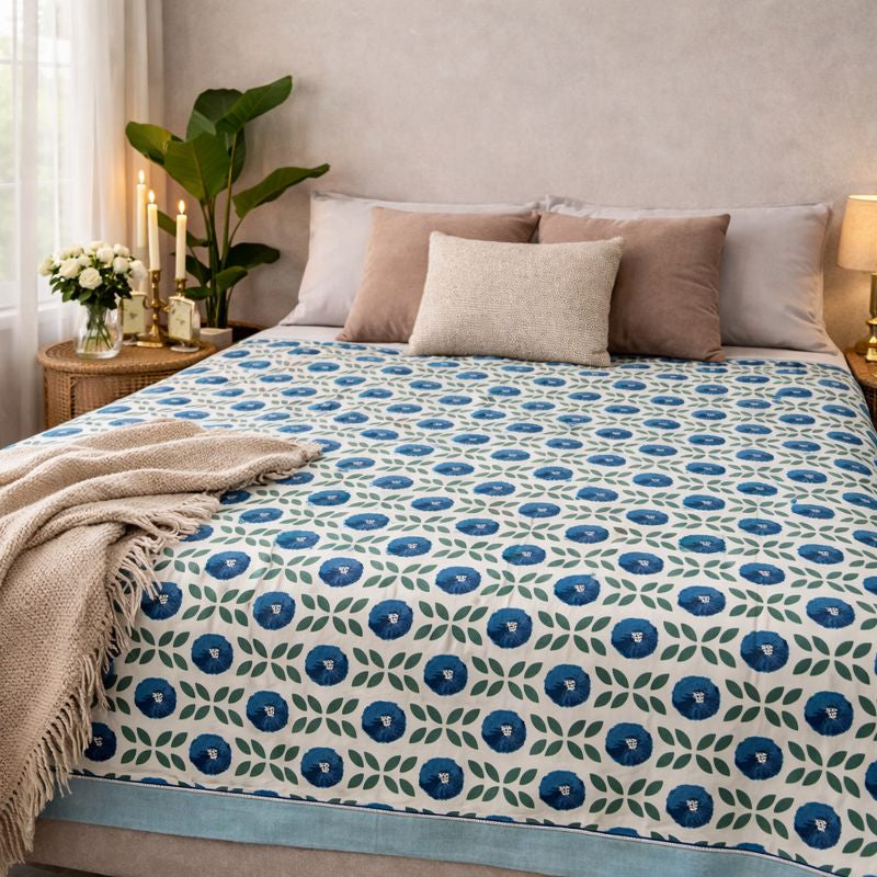 Aashray Decor JP15 – King Size Pure Cotton Bedsheet Set – Blue Floral Jaipuri Print with Zipper Pillow Covers