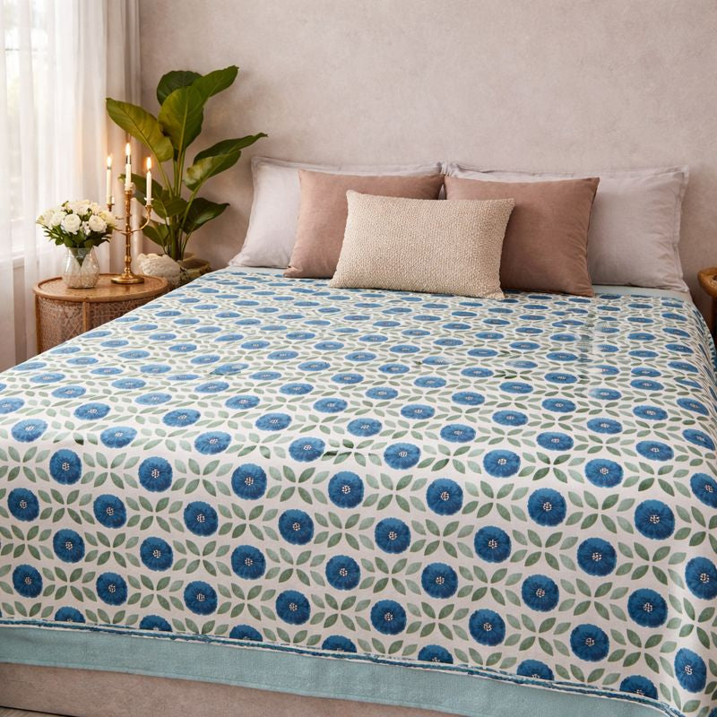 Aashray Decor JP15 – King Size Pure Cotton Bedsheet Set – Blue Floral Jaipuri Print with Zipper Pillow Covers