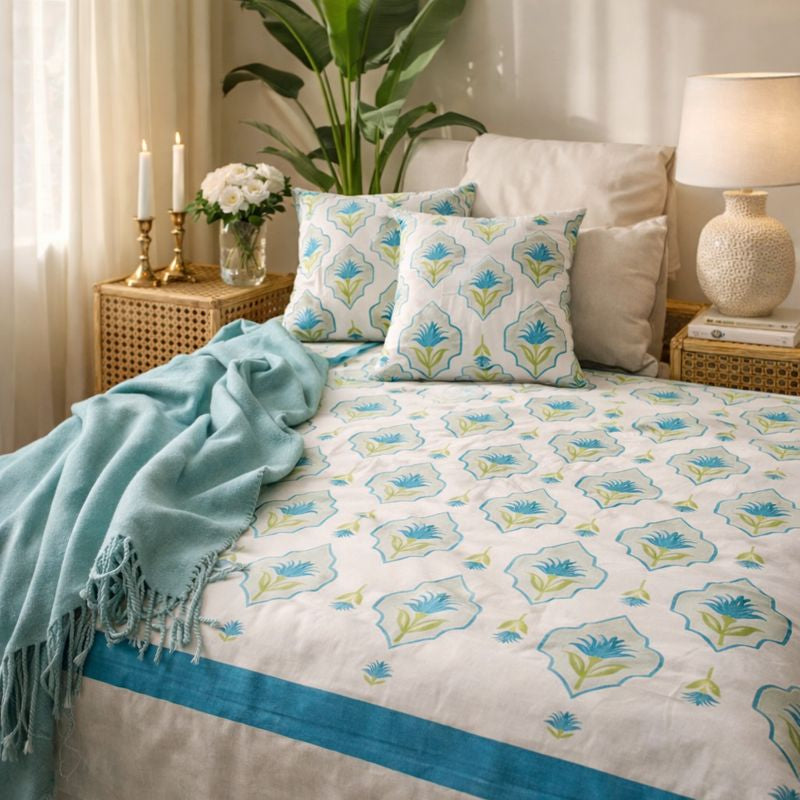 Aashray Decor King Size Pure Cotton Jaipuri Print Bedsheet Set – Bright Floral Design with Zipper Pillow Covers (JP16)