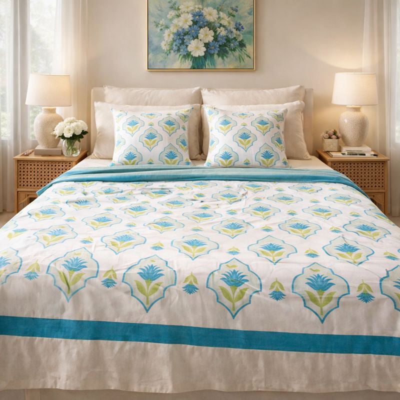 Aashray Decor King Size Pure Cotton Jaipuri Print Bedsheet Set – Bright Floral Design with Zipper Pillow Covers (JP16)