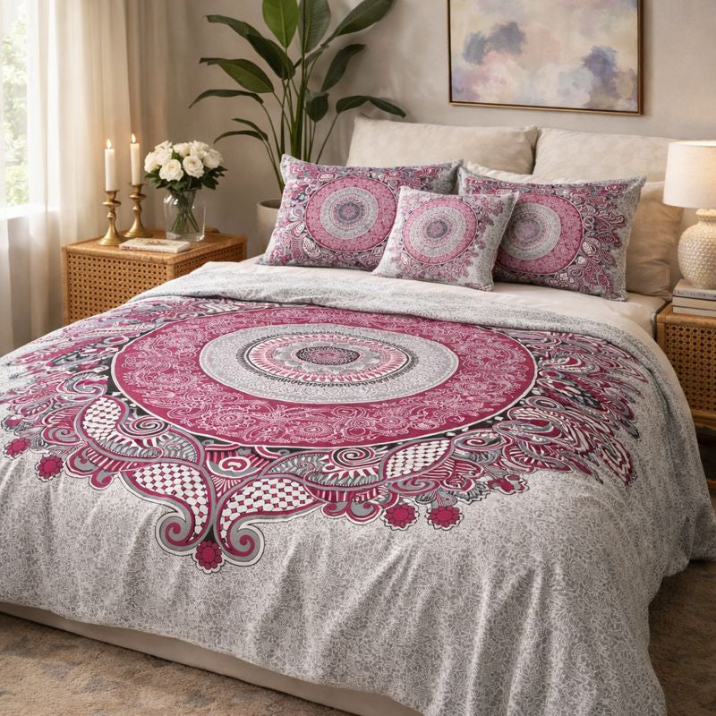 JP17 – King Size Pure Cotton Jaipuri Print Bedsheet Set with Zipper Pillow Covers
