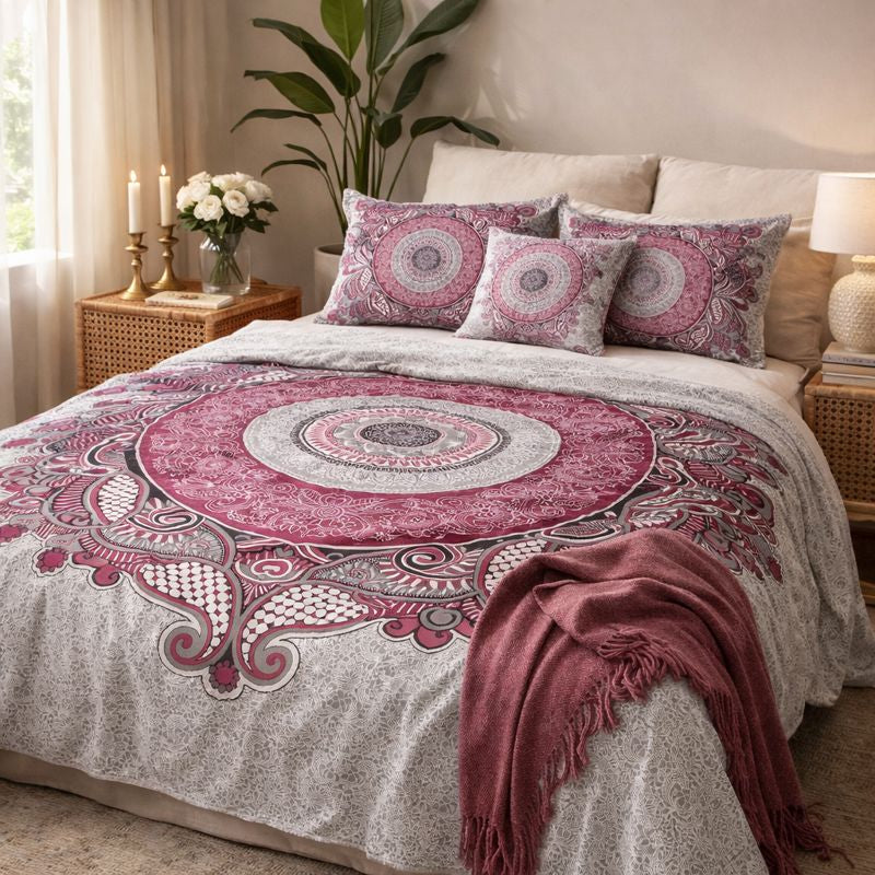 JP17 – King Size Pure Cotton Jaipuri Print Bedsheet Set with Zipper Pillow Covers