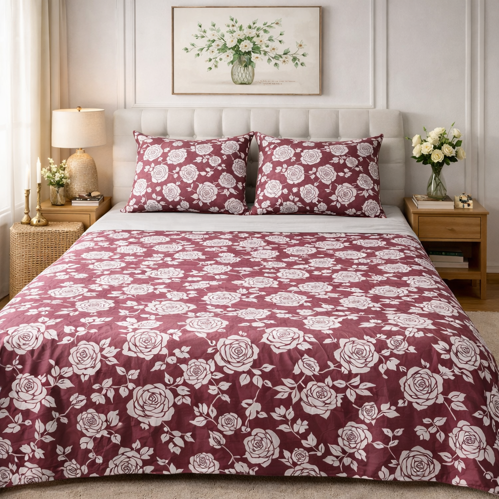 Aashray Decor Pure Cotton King Size Bedsheet Set – Classic Rose Jaipuri Print (JP25)