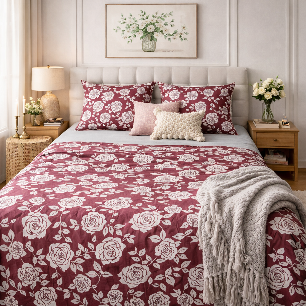 Aashray Decor Pure Cotton King Size Bedsheet Set – Classic Rose Jaipuri Print (JP25)