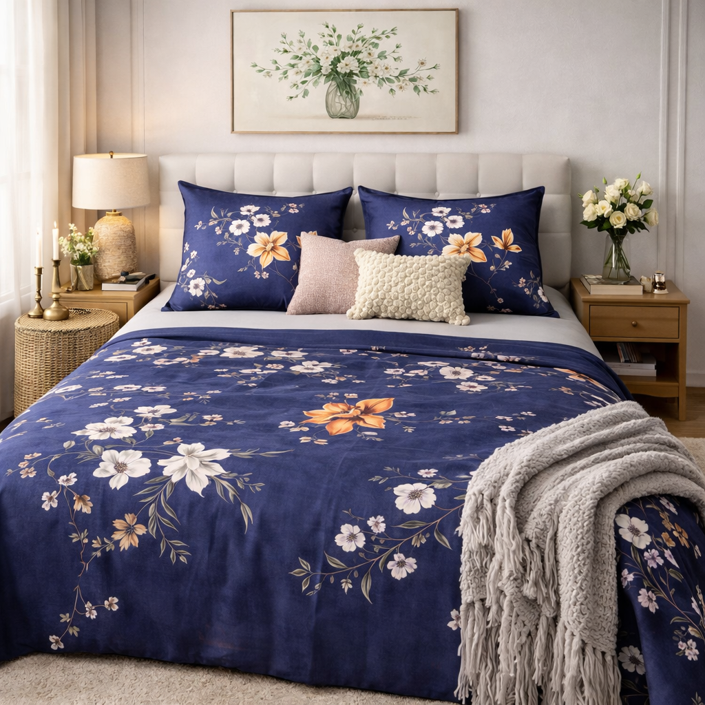 Aashray Decor Premium Pure Cotton King Size Bedsheet Set – Elegant Floral Jaipuri Print (JP26)