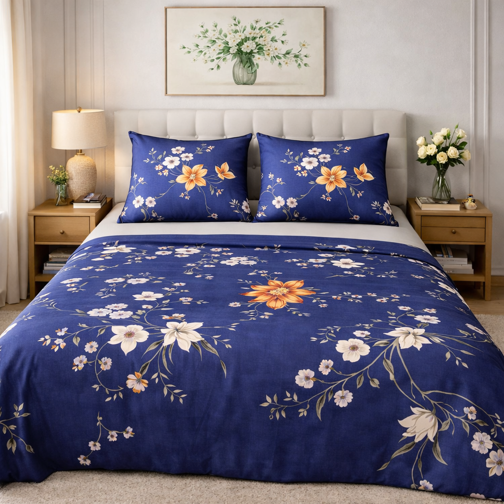 Aashray Decor Premium Pure Cotton King Size Bedsheet Set – Elegant Floral Jaipuri Print (JP26)